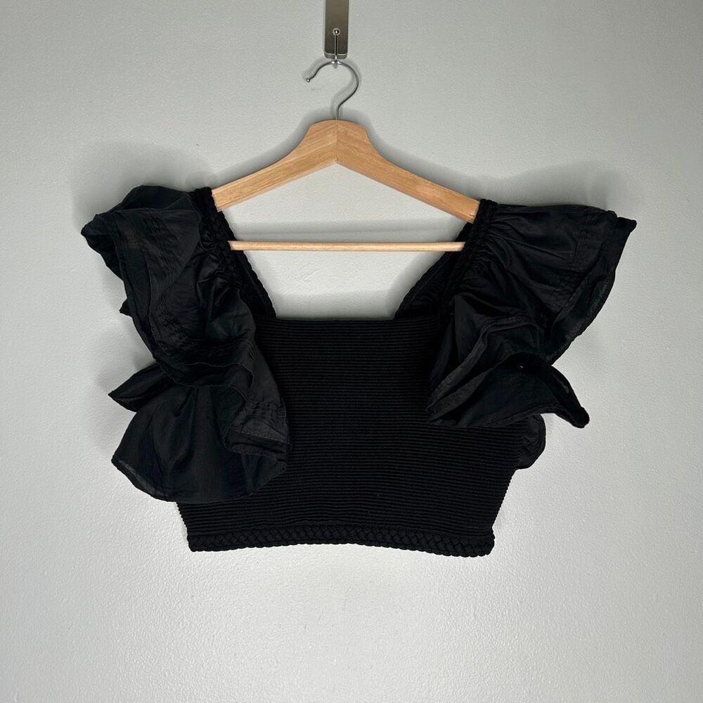 Aje. Corinne Ruffled Ribbed Crop Top - Black - Picture 5 of 11